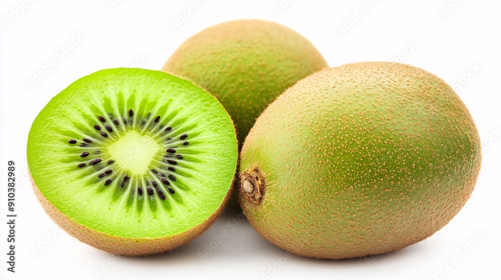 Fototapeta premium Ripe whole kiwi fruit and half kiwi fruit isolated on white background