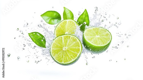 Fresh delicious Lime cut into pieces splashing with leaves