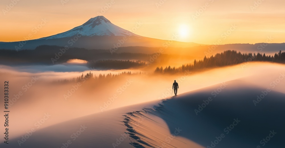 Obraz premium person standing on top of the sand dune, with mountains and fog in the background, at sunrise