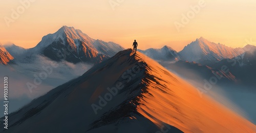 person standing on top of the sand dune, with mountains and fog in the background, at sunrise