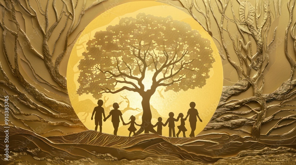 Naklejka premium Paper-cut tree and human figures against textured gold representing family and history.