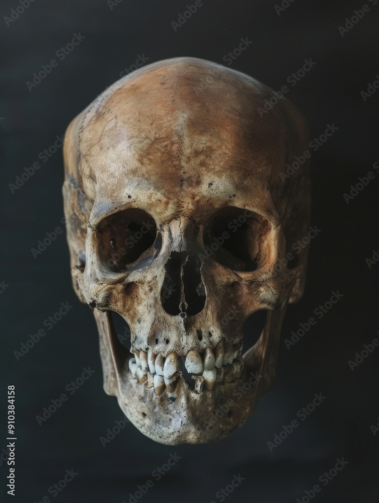 Obraz premium Human skull on dark background. Human remains.