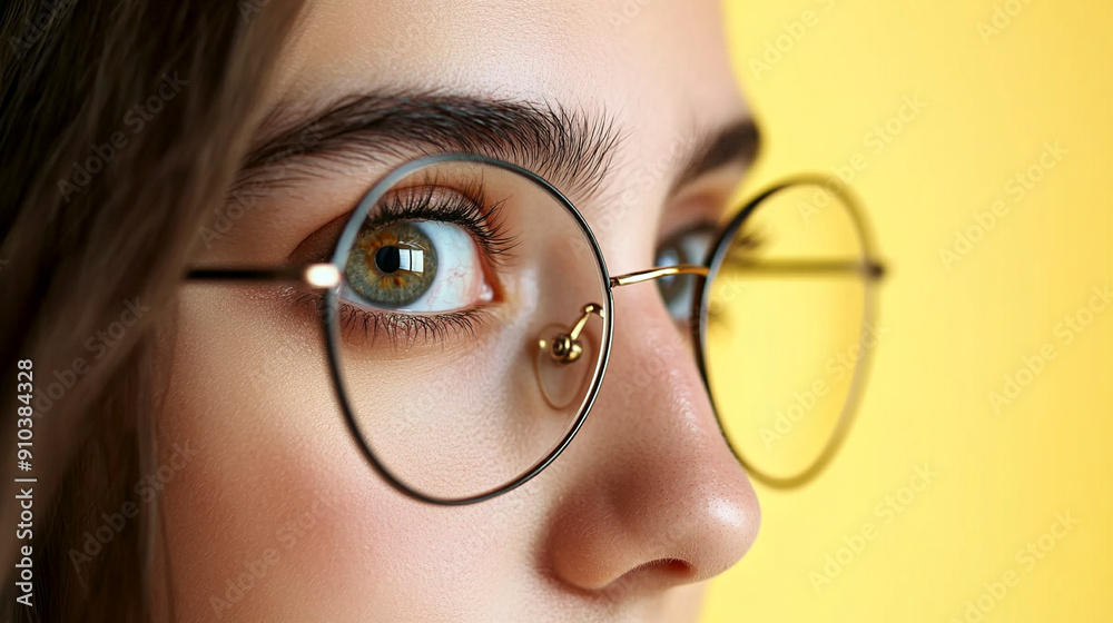 Woman’s eyes in glasses looking stright ahead, isolated on yellow background Woman’s eyes in glasses looking stright ahead, isolated on yellow background