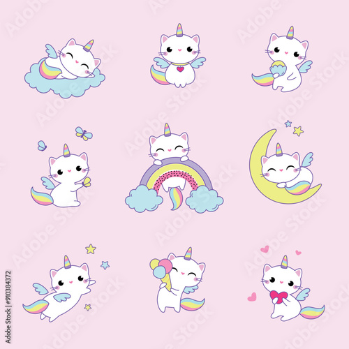 Cat Unicorn Character with Rainbow Tail and Horn Vector Set