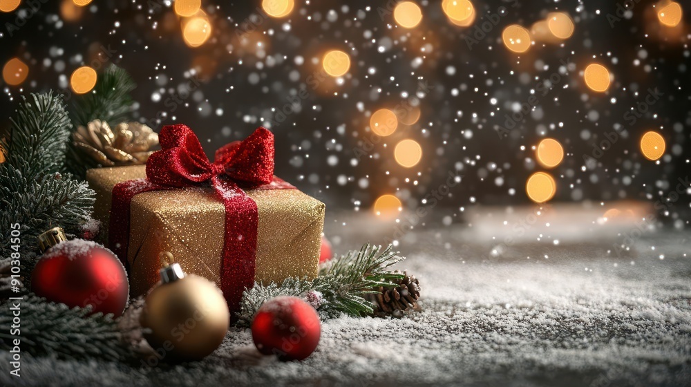 festive christmas scene with twinkling lights elegant baubles in gold and red wrapped gifts and pine branches dusted with snow