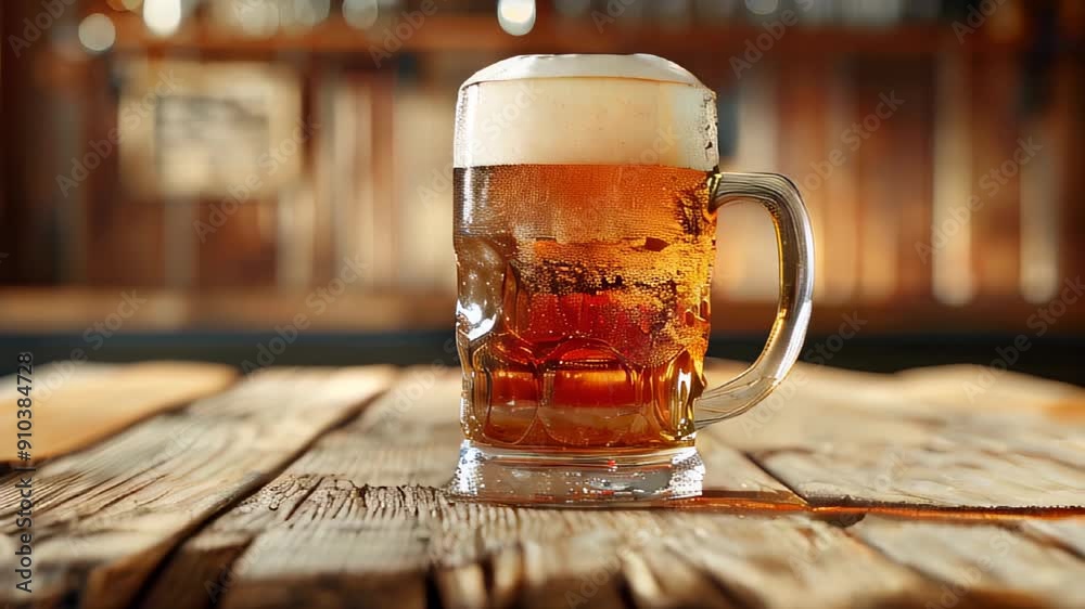 Large mug of beer on a wooden table in a bar setting, Large mug of beer on a wooden table in a bar setting,