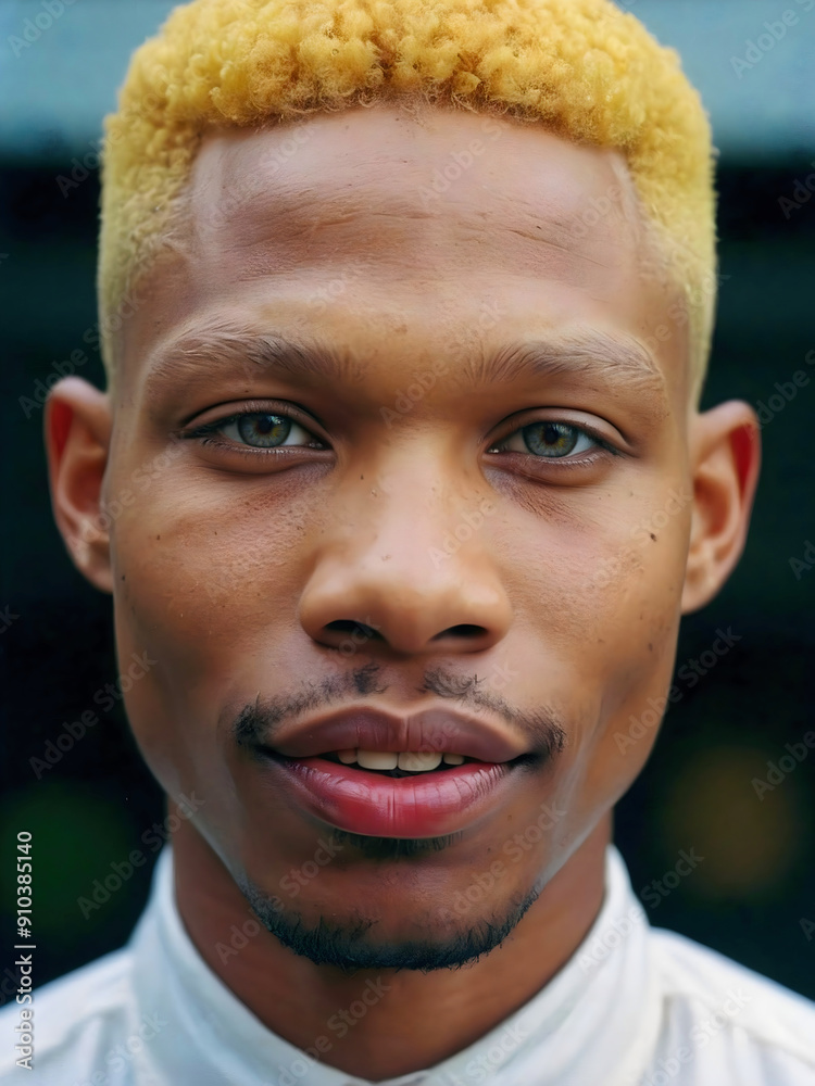 Portrait of handsome African American male model smiling, white Afro, fashion and lifestyle, diversity, people background