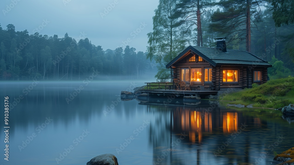 Cozy Wooden Cabin by Tranquil Lake During Misty Early Morning Light