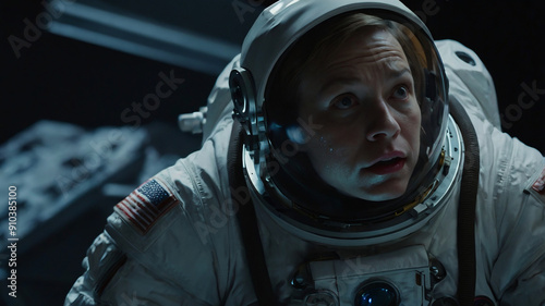 Astronauts young woman in space ship