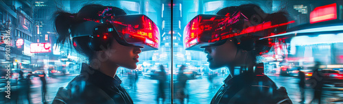 Futuristic Cityscape with Person Wearing VR Headset - A futuristic city at night, with a person wearing a VR headset standing in front of a glass storefront, symbolizing technology, urban life, virtua photo