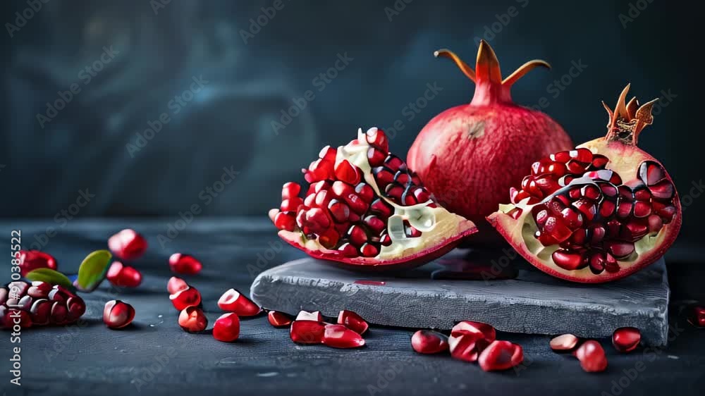 Open pomegranate with seeds on dark surface.