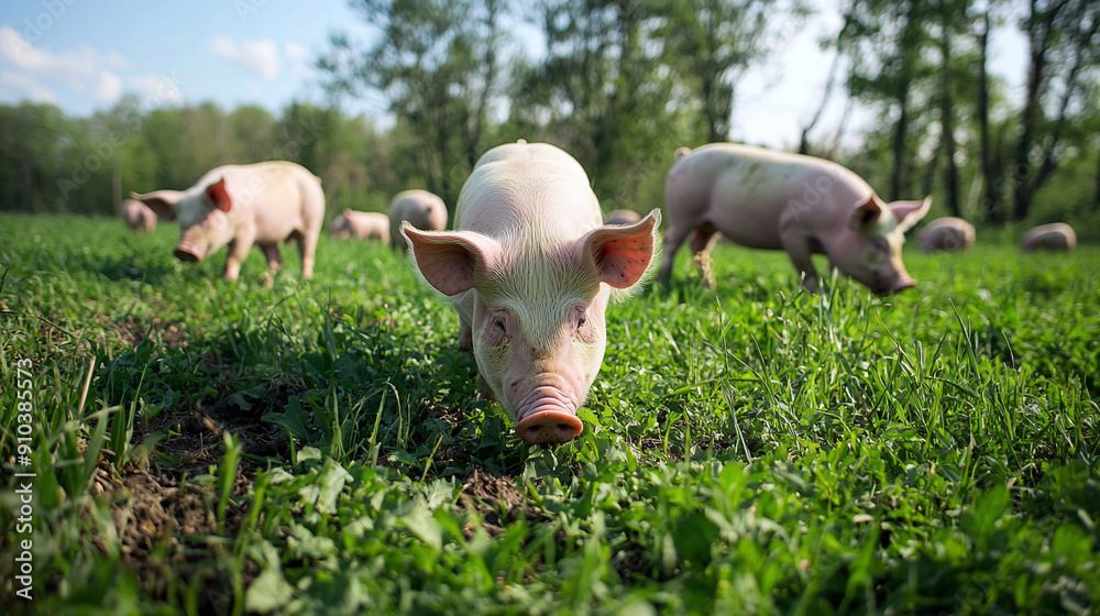 pigs grazing or eating in a spacious, green field that adheres to humane farming practices pigs grazing or eating in a spacious, green field that adheres to humane farming practices