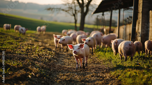 pigs roaming freely in a well-kept, humane farm setting photo