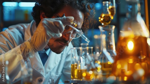 Scientist with natural drug research, Natural organic and scientific extraction in glassware photo