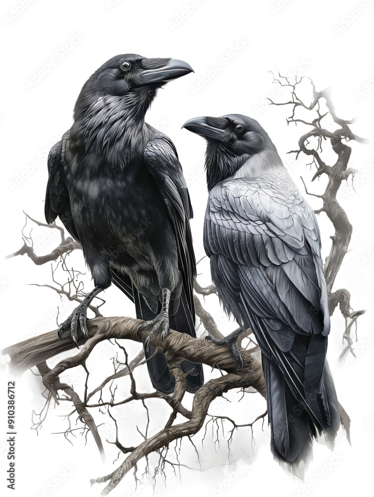 Fototapeta premium Gothic Ravens: Dark and Detailed Bird Illustration. PNG Transparent Background Cutout, Crow On A Branch.