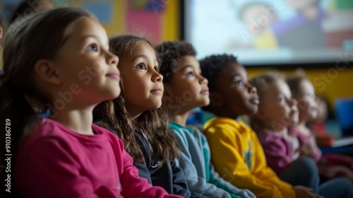 Kids Watching Movie Together at School - Education and Entertainment - Children are captivated, their eyes fixed on the screen. A sense of wonder and shared experience fills the room.  The scene symbo