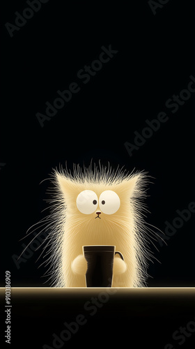 Cartoon Cat with Wide Eyes and Coffee Mug photo