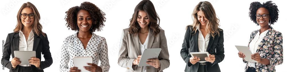 Pack of Smiling businesswoman with tablet set isolated on transparent Pack of Smiling businesswoman with tablet set isolated on transparent