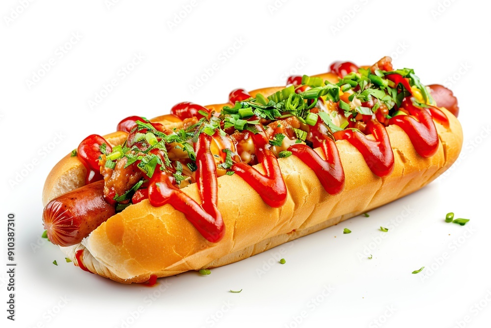 Hot dog with ketchup and mustard on white background Hot dog with ketchup and mustard on white background
