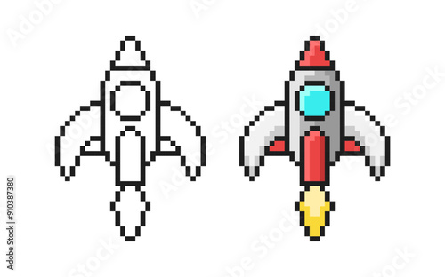 Pixel Art Rocket. Cute game vector spaceship in retro style