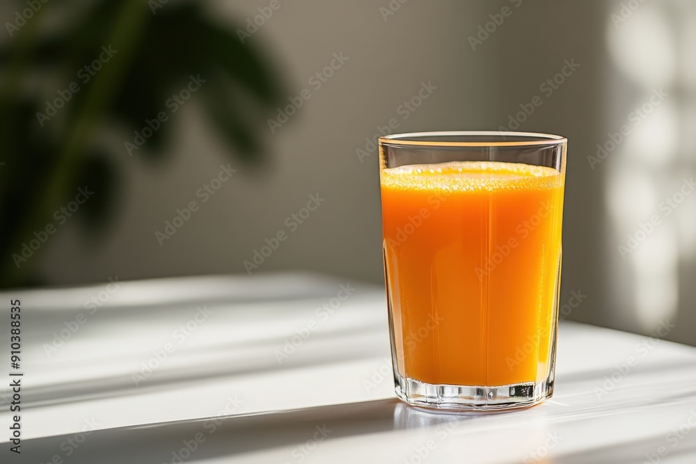 glass of carrot juice sits on a table in a minimalist style glass of carrot juice sits on a table in a minimalist style