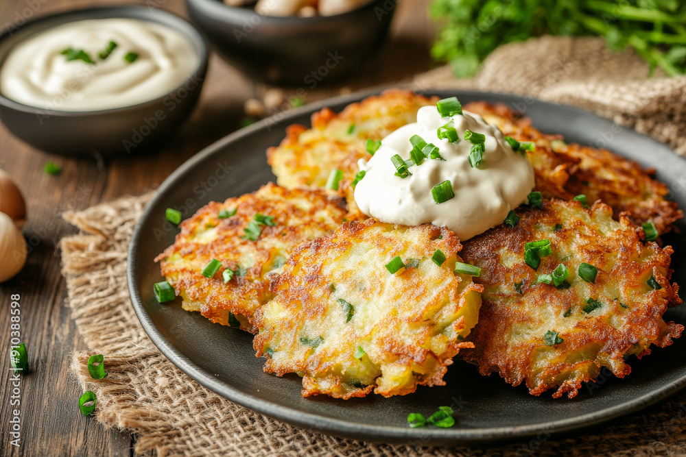 Potato latkes with sour cream on a table closeup. Potato latkes with sour cream on a table closeup.