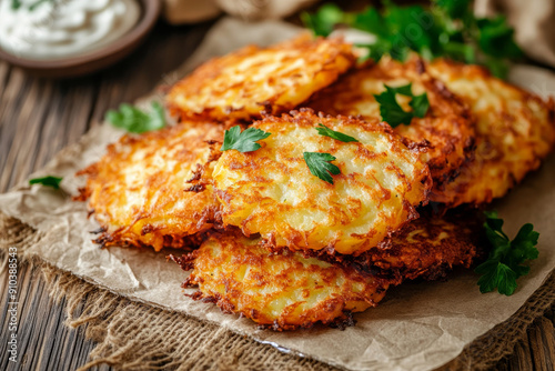 Potato latkes on a table closeup. 