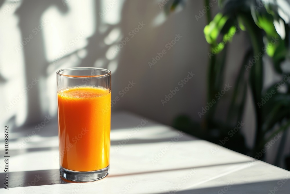glass of carrot juice sits on a table in a minimalist style glass of carrot juice sits on a table in a minimalist style