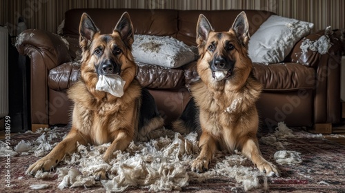 Naughty German Shepherds Caught Red-Handed After Couch Destruction - Two German Shepherds with mischievous expressions are caught in the act of destroying a couch, with white stuffing scattered around