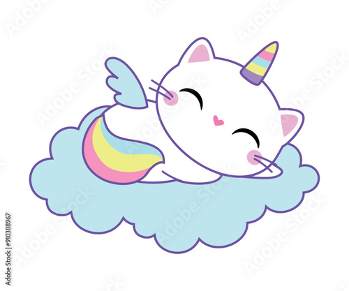 Cat Unicorn Character with Rainbow Tail and Horn Vector Illustration