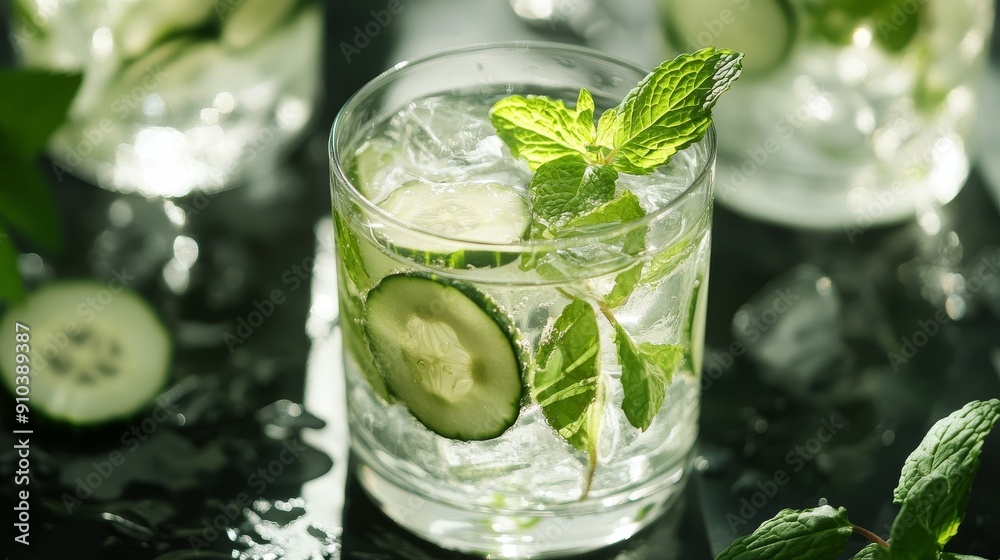 Refreshing Cucumber and Mint Cocktail with Ice - A close-up of a glass filled with a refreshing cucumber and mint cocktail, garnished with fresh mint leaves, symbolizing coolness, hydration, healthy r Refreshing Cucumber and Mint Cocktail with Ice - A close-up of a glass filled with a refreshing cucumber and mint cocktail, garnished with fresh mint leaves, symbolizing coolness, hydration, healthy r