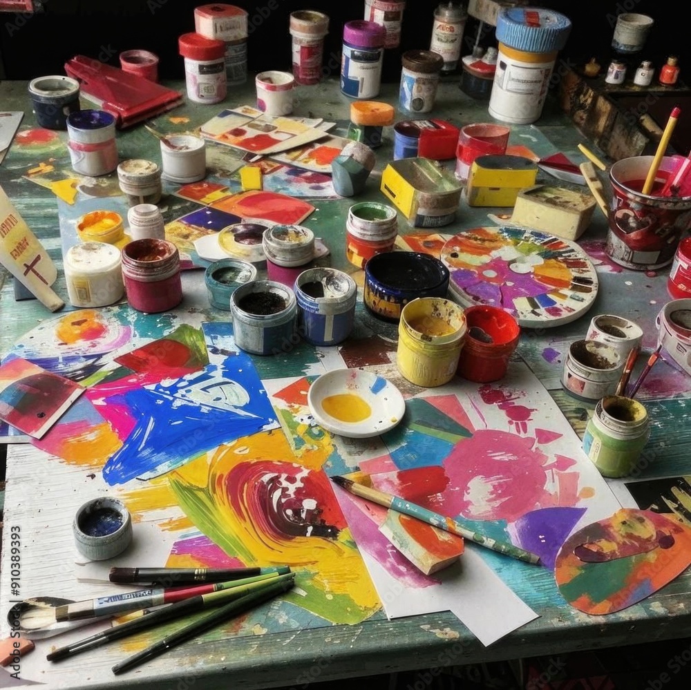 Fototapeta premium The creative mess of a hooker. Chaotic colors on the table.