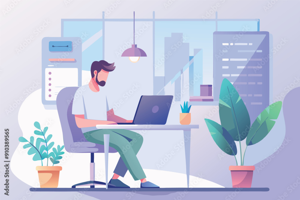 Young man with laptop. Remote work, freelance concept for banner or landing web page Young man with laptop. Remote work, freelance concept for banner or landing web page