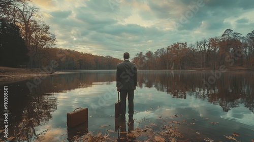 A Man Standing by a Tranquil Lake Holding a Briefcase Amidst Autumn Foliage at Dusk