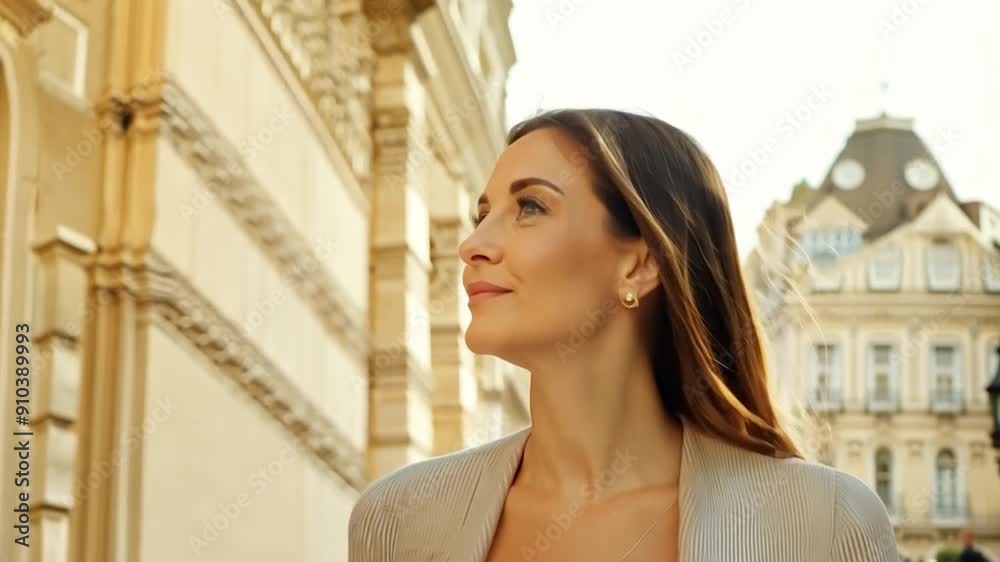 A woman strolls through Paris, appreciating the architecture as sunlight illuminates her features on a warm afternoon A woman strolls through Paris, appreciating the architecture as sunlight illuminates her features on a warm afternoon