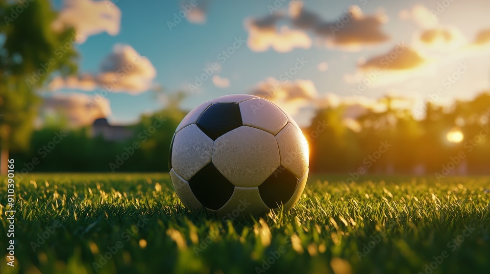 Fototapeta premium Soccer Ball on Green Grass Field at Sunset - A close-up of a soccer ball resting on a lush green grass field, bathed in the warm glow of a setting sun. The image evokes themes of sports, leisure, and 
