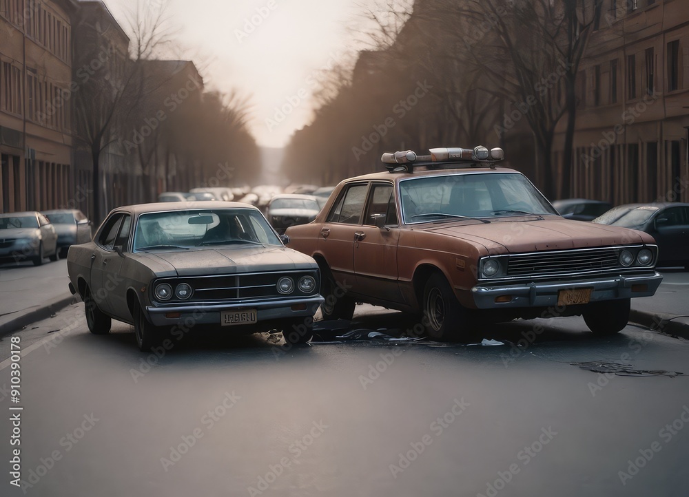 Fototapeta premium Two vehicles have collided in an incident on a quiet neighborhood street, causing concern and chaos