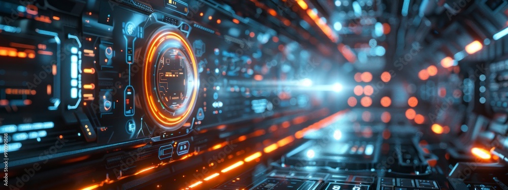 Fototapeta premium Futuristic computer interface with floating digital elements in a high-tech environment.