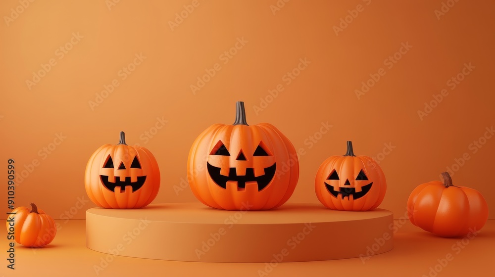 Spooky Halloween Pumpkins on Orange Background - Four jack-o'-lantern pumpkins, a small pumpkin, on an orange podium against a matching orange background. Symbolising Halloween, celebration, festivit Spooky Halloween Pumpkins on Orange Background - Four jack-o'-lantern pumpkins, a small pumpkin, on an orange podium against a matching orange background. Symbolising Halloween, celebration, festivit