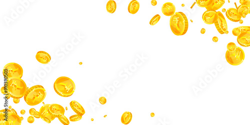 Indian rupee coins falling. Scattered gold INR