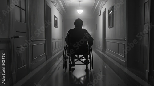 A person in a wheelchair is sitting in a hallway. The room is empty and the person is alone