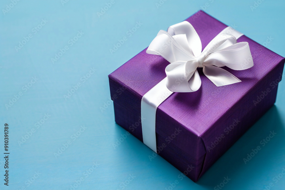 Elegant Purple Gift Box with White Ribbon on Blue Background for Special Occasions and Celebrations Elegant Purple Gift Box with White Ribbon on Blue Background for Special Occasions and Celebrations