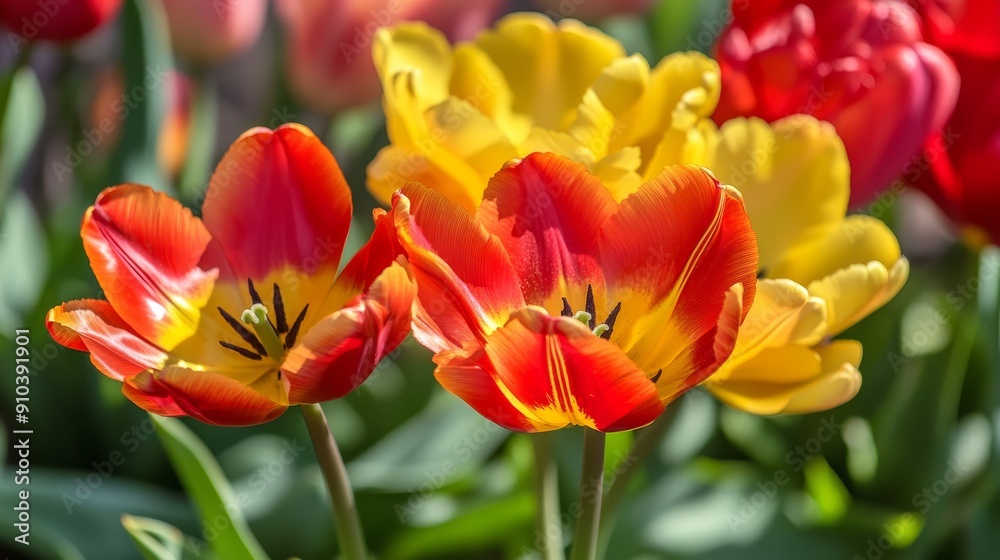 Vibrant Red and Yellow Tulips in Bloom, Spring Flowers in Garden - A close-up of colorful tulips in a garden, showcasing the beauty of nature and the vibrancy of spring. The red and yellow petals symb Vibrant Red and Yellow Tulips in Bloom, Spring Flowers in Garden - A close-up of colorful tulips in a garden, showcasing the beauty of nature and the vibrancy of spring. The red and yellow petals symb