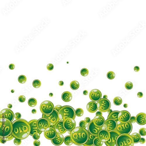 Vitamin Q10 round capsules scattered randomly.