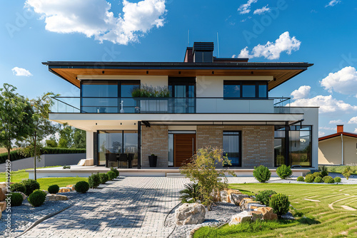 Modern house in suburb with beautiful green landscape