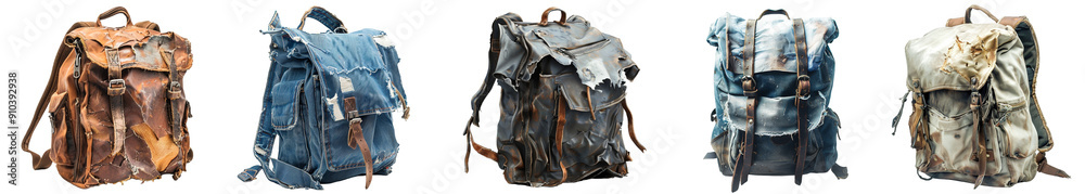 Pack of Torn backpack set against transparent background Pack of Torn backpack set against transparent background