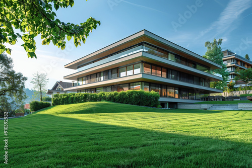 Modern house in suburb with beautiful green landscape