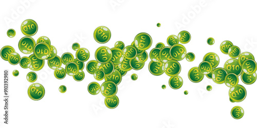 Vitamin Q10 round capsules scattered randomly.