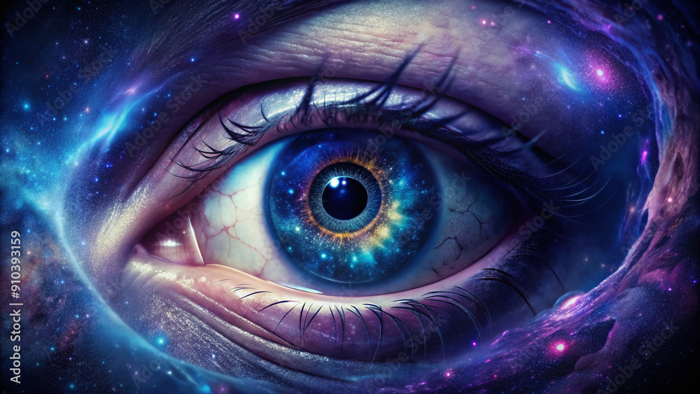Dark mysterious orbit of the eye abyss gazes profoundly into the soul, swirling with mesmerizing cosmos of deep blues and purples, hypnotic and surreal. Dark mysterious orbit of the eye abyss gazes profoundly into the soul, swirling with mesmerizing cosmos of deep blues and purples, hypnotic and surreal.