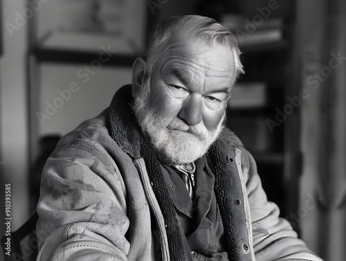 Black and white portrait of American novelist Ernest Hemingway, recipient of the Nobel Prize.